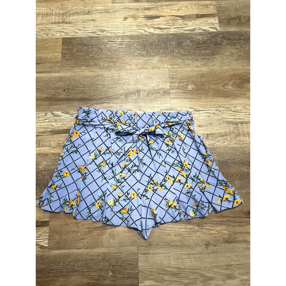 Forever 21 Plus Light Blue Yellow Floral Grid Paperbag Waist Shorts 2X